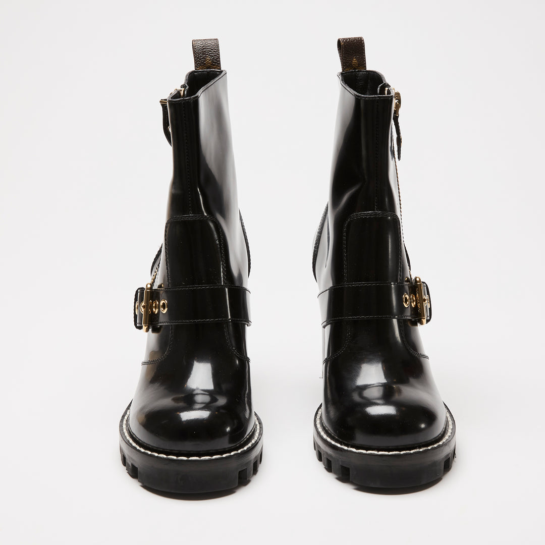 Louis Vuitton Black High Gloss Leather Zip Combat Boots Size 38