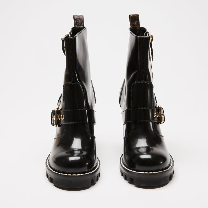 Louis Vuitton Black High Gloss Leather Zip Combat Boots Size 38