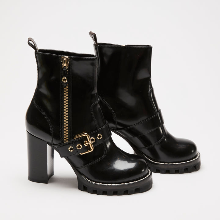 Louis Vuitton Black High Gloss Leather Zip Combat Boots Size 38