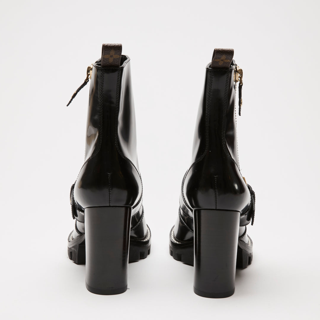 Louis Vuitton Black High Gloss Leather Zip Combat Boots Size 38