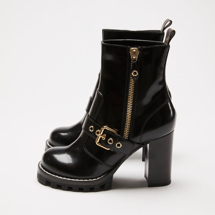 Louis Vuitton Black High Gloss Leather Zip Combat Boots Size 38