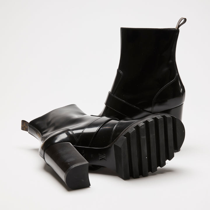 Louis Vuitton Black High Gloss Leather Zip Combat Boots Size 38