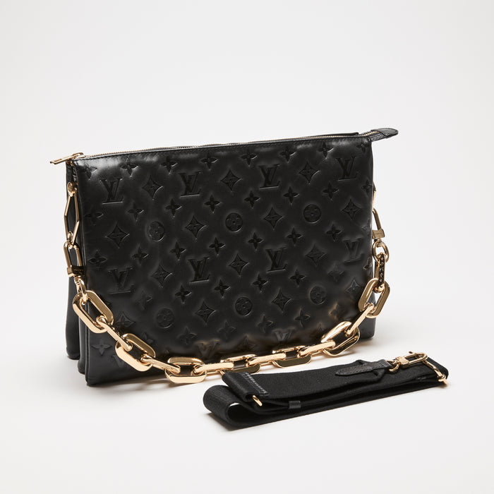 Louis Vuitton Black Monogram Embossed Puffy Lambskin Leather Coussin MM Chain Bag