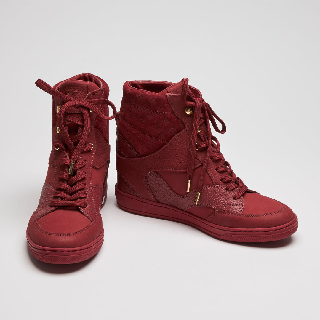 Louis Vuitton Red Suede & Grained Leather High-Top Wedge Sneakers Size 38