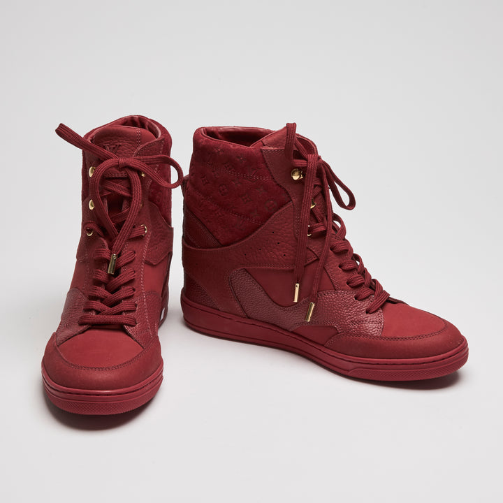 Louis Vuitton Red Suede & Grained Leather High-Top Wedge Sneakers Size 38