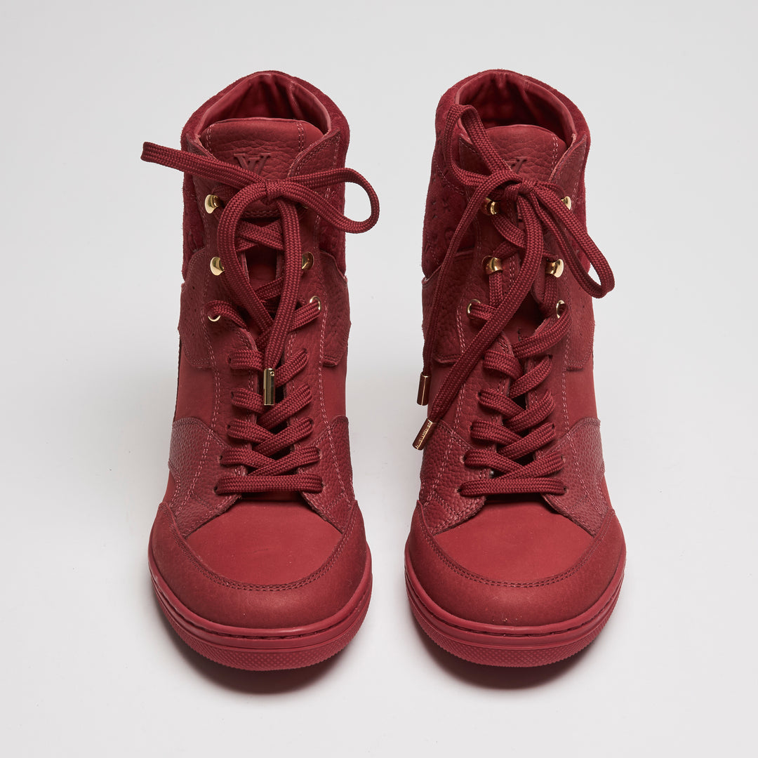 Louis Vuitton Red Suede & Grained Leather High-Top Wedge Sneakers Size 38