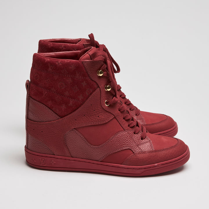 Louis Vuitton Red Suede & Grained Leather High-Top Wedge Sneakers Size 38