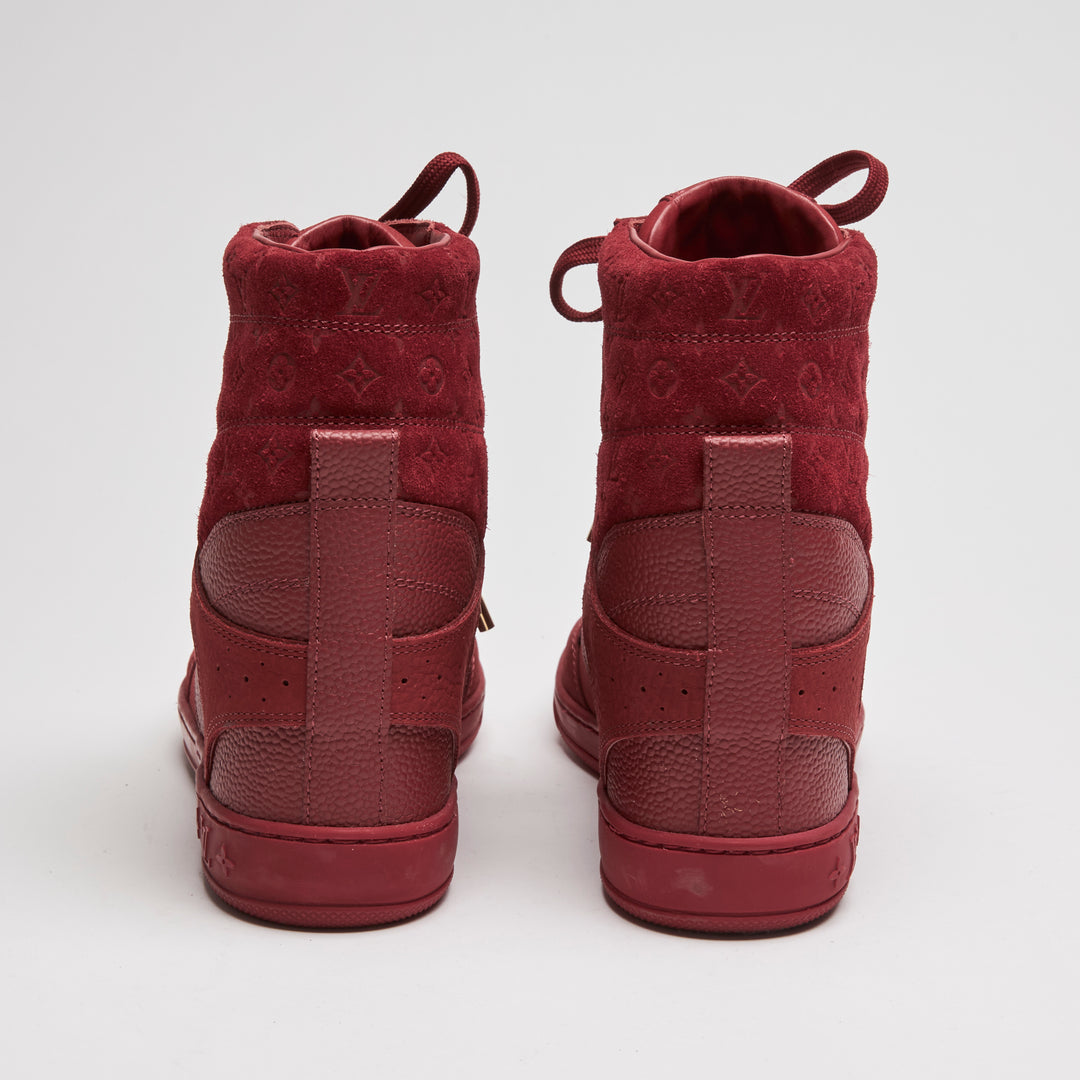 Louis Vuitton Red Suede & Grained Leather High-Top Wedge Sneakers Size 38