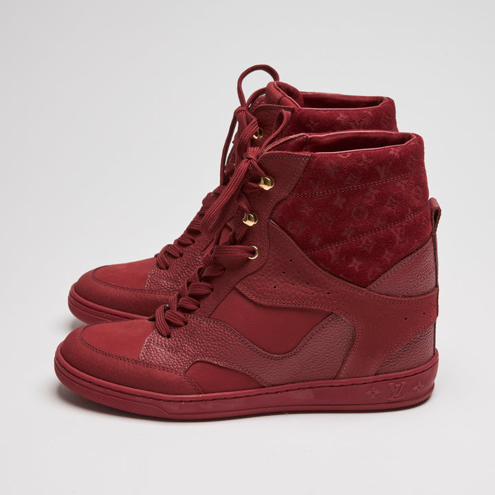 Louis Vuitton Red Suede & Grained Leather High-Top Wedge Sneakers Size 38