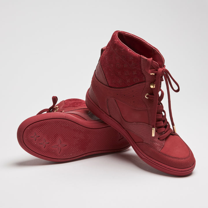 Louis Vuitton Red Suede & Grained Leather High-Top Wedge Sneakers Size 38