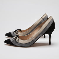 Manolo Blahnik Beige/Grey/Black Suede Point Toe Heels with Bow Size 38