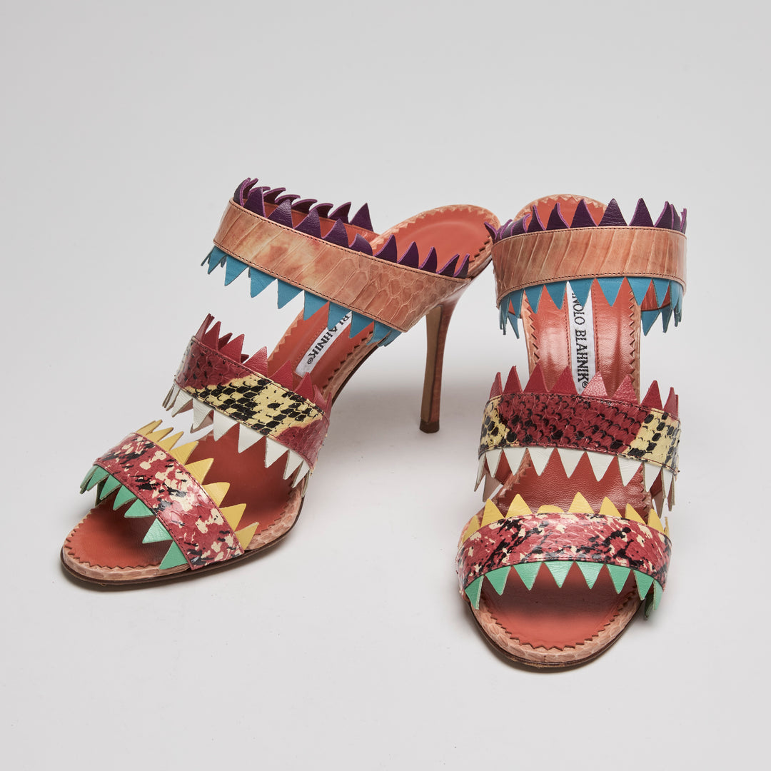 Manolo Blahnik Multicolour Watersnake Leather Arpege Sandals Size 38.5