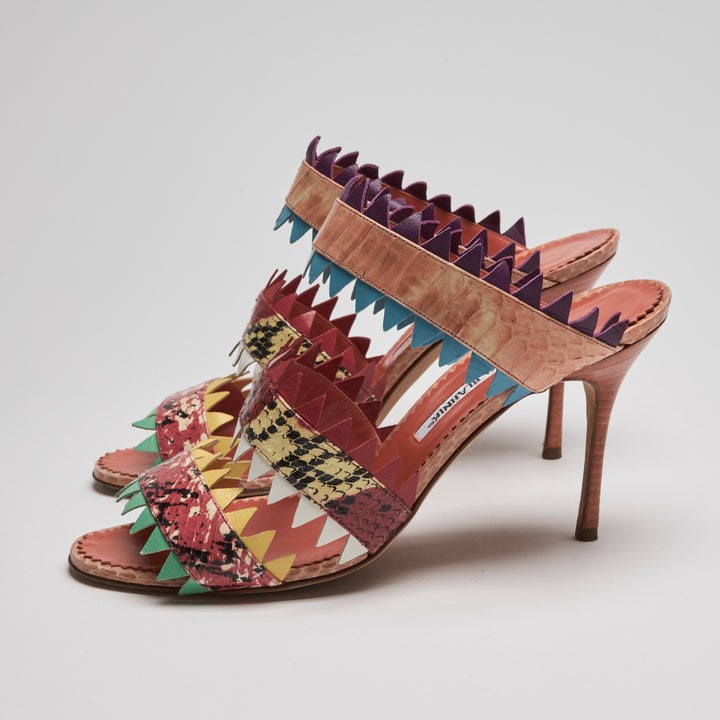 Manolo Blahnik Multicolour Watersnake Leather Arpege Sandals Size 38.5