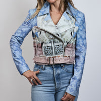 Mary Katrantzou Blue Multicolor Printed Leather Jacket Size 10