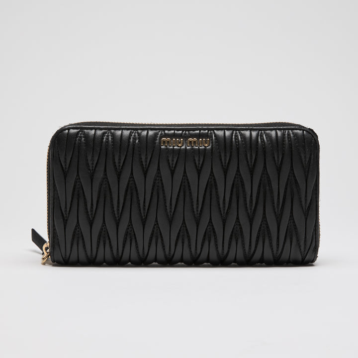 Miu Miu Black Matelasse Calf Leather Long Zip Around Wallet