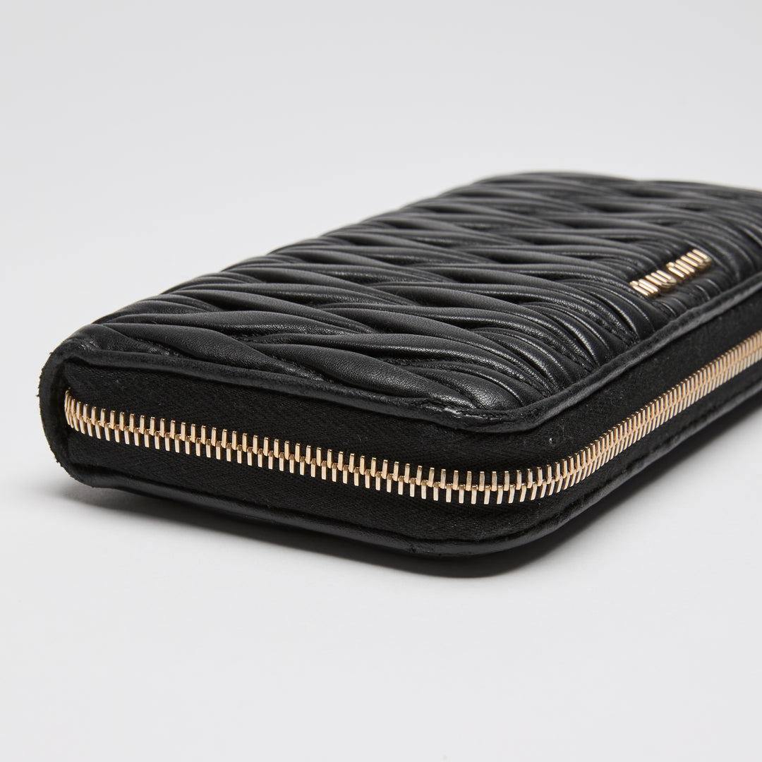 Miu Miu Black Matelasse Calf Leather Long Zip Around Wallet