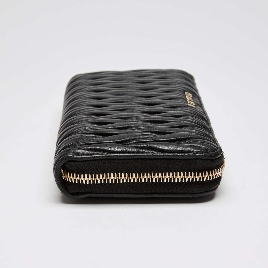 Miu Miu Black Matelasse Calf Leather Long Zip Around Wallet