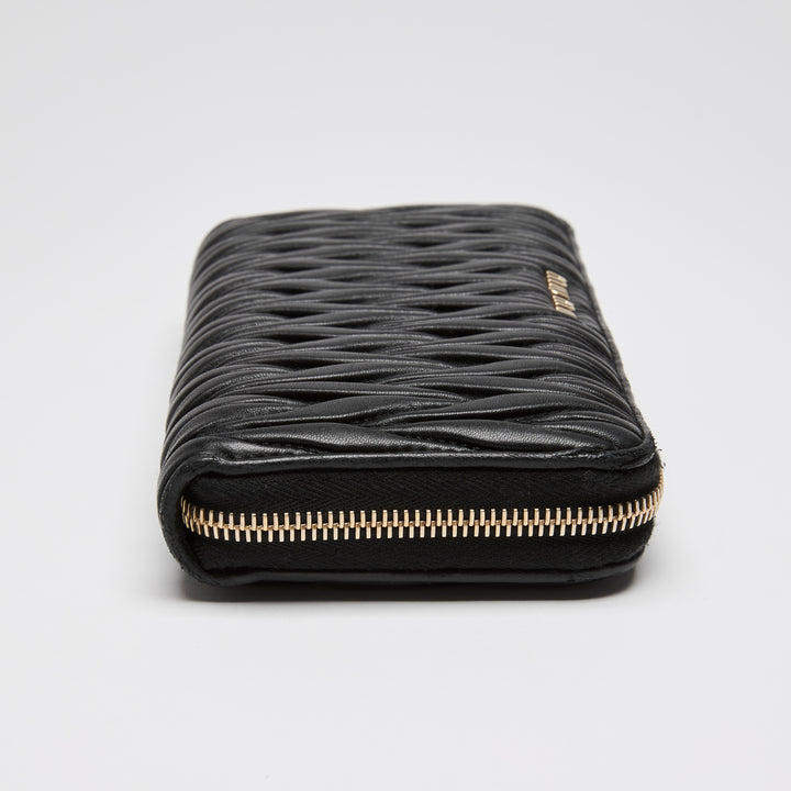 Miu Miu Black Matelasse Calf Leather Long Zip Around Wallet