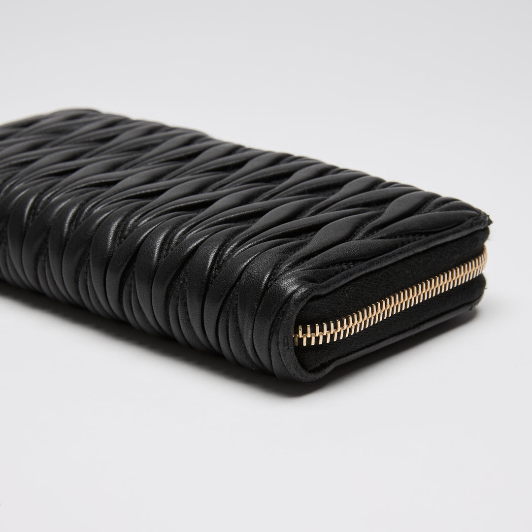 Miu Miu Black Matelasse Calf Leather Long Zip Around Wallet
