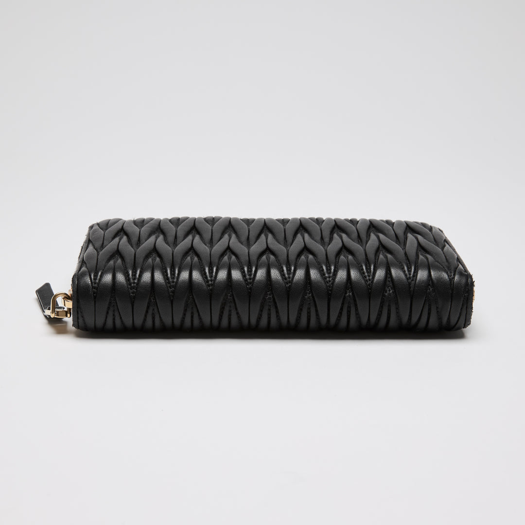 Miu Miu Black Matelasse Calf Leather Long Zip Around Wallet