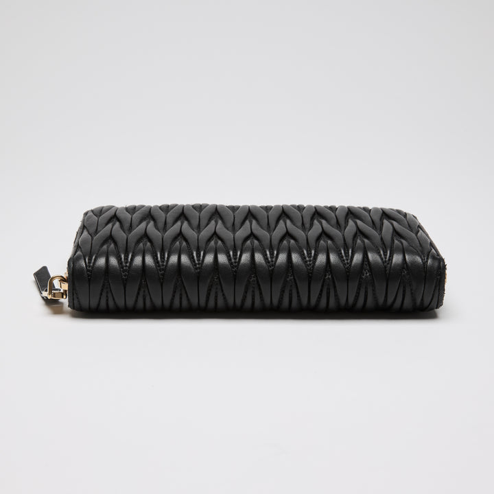 Miu Miu Black Matelasse Calf Leather Long Zip Around Wallet
