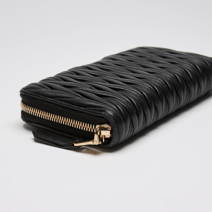 Miu Miu Black Matelasse Calf Leather Long Zip Around Wallet