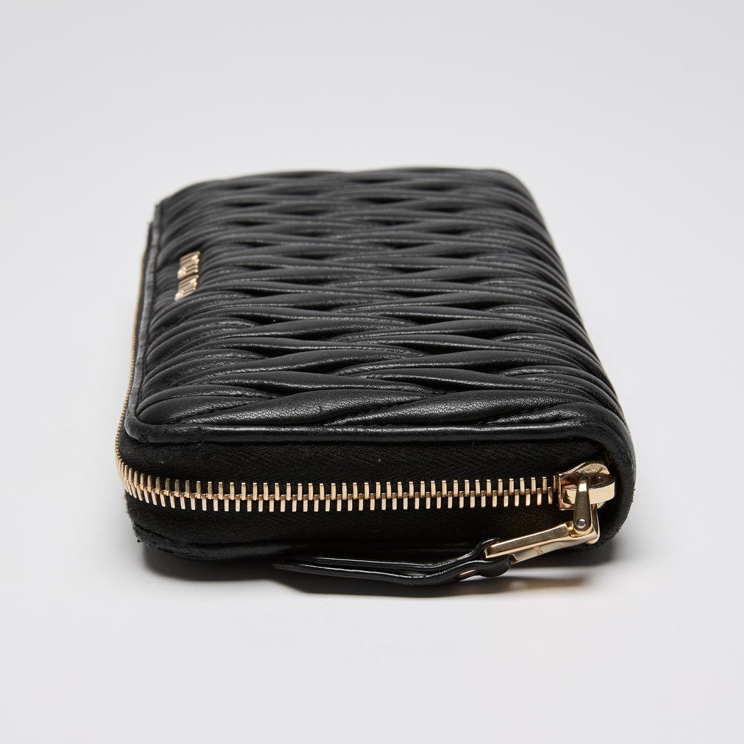 Miu Miu Black Matelasse Calf Leather Long Zip Around Wallet