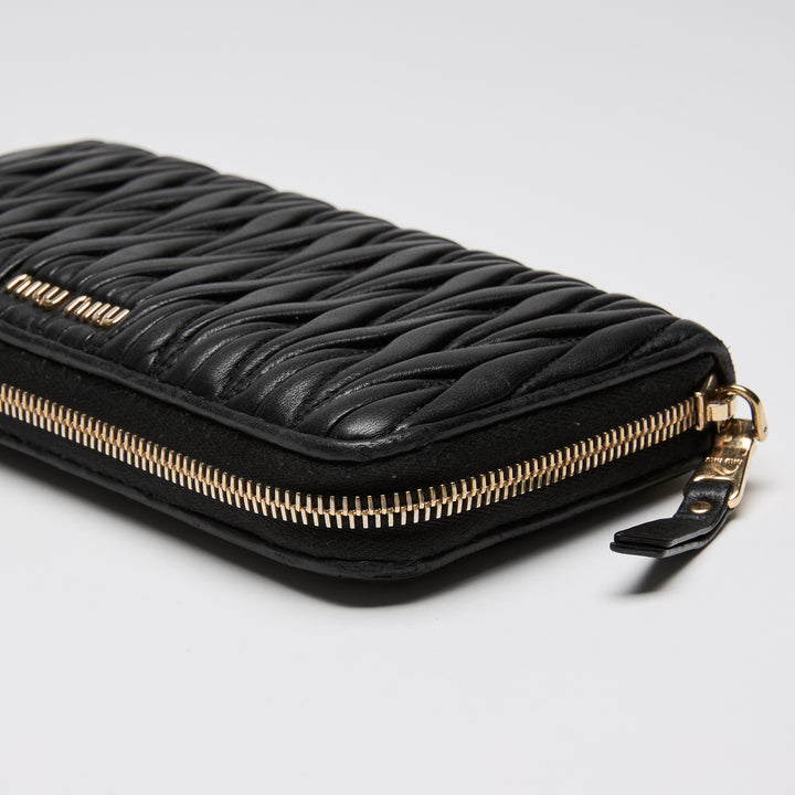 Miu Miu Black Matelasse Calf Leather Long Zip Around Wallet