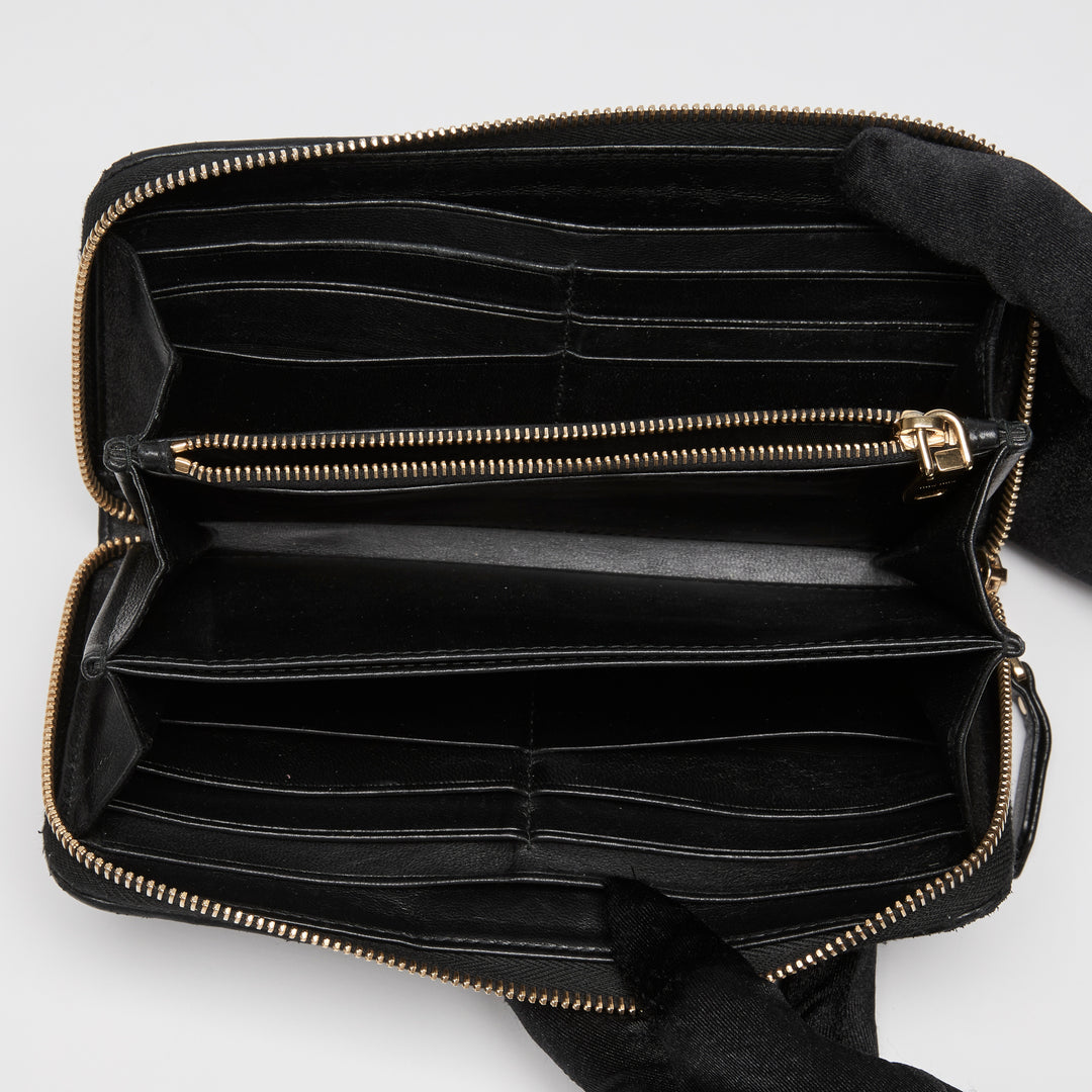Miu Miu Black Matelasse Calf Leather Long Zip Around Wallet