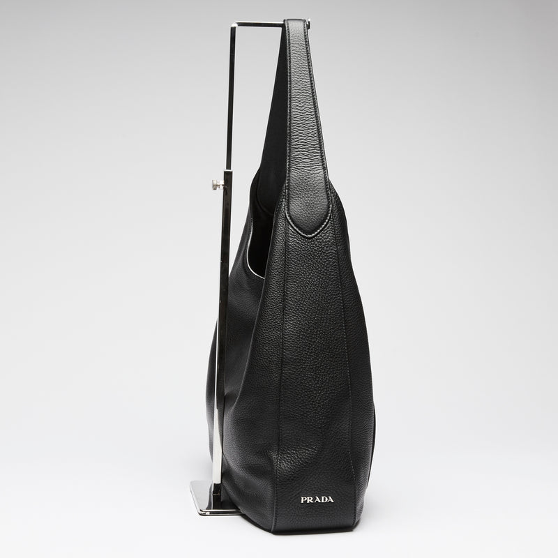 Prada Black Grained Leather Vitello Daino Hobo Bag