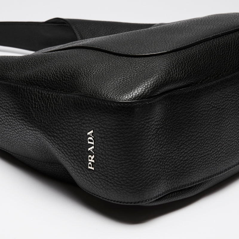 Prada Black Grained Leather Vitello Daino Hobo Bag