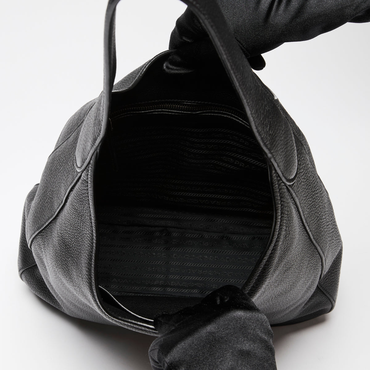 Prada Black Grained Leather Vitello Daino Hobo Bag