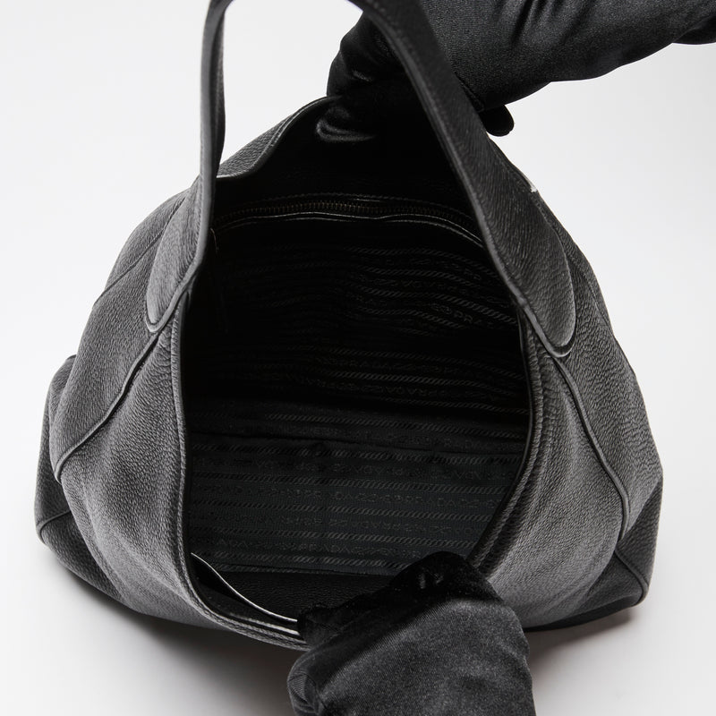 Prada Black Grained Leather Vitello Daino Hobo Bag