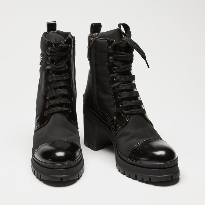 Prada Black Nylon and Patent Leather Combat Ankle Boots