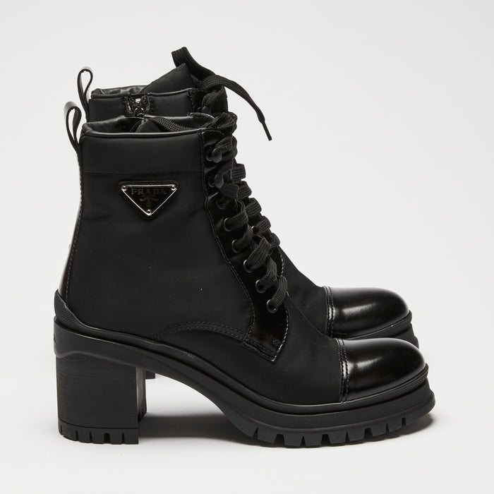 Prada Black Nylon and Patent Leather Combat Ankle Boots