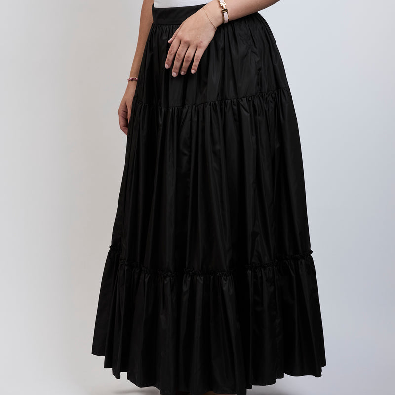 Prada Black Pleated Re-Nylon Piuma Flared Long Skirt Size 42