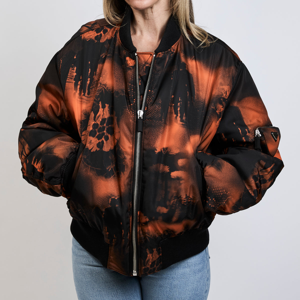 Prada re-nylon orange and black bomber jacket