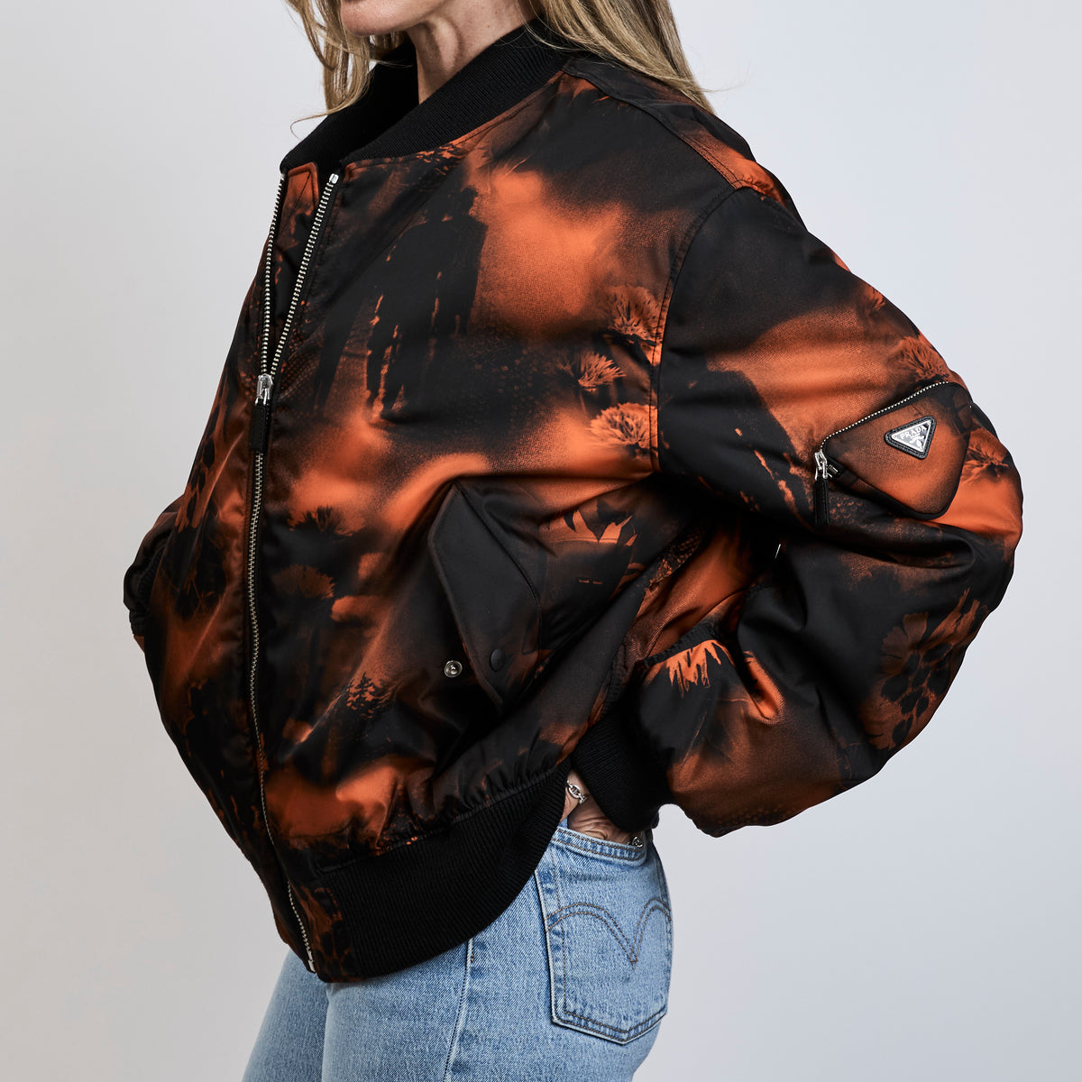 Prada Black and Arancio Re-Nylon Bomber Jacket Size Medium
