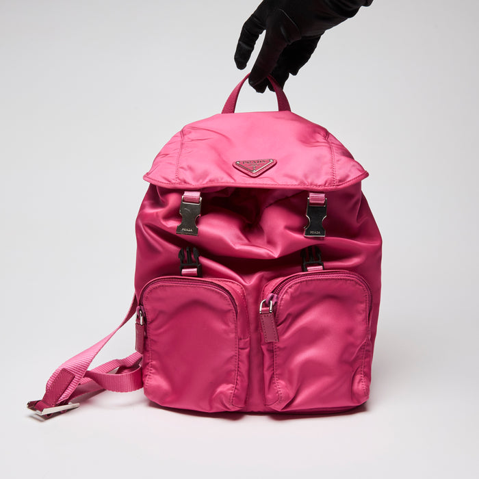 Pre-Loved Prada Pink Nylon Double Buckle Backpack (Front)