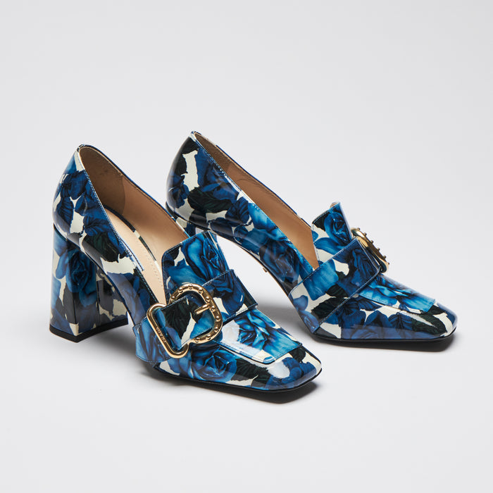 Excellent Pre-Loved Blue Floral Patterned Patent Leather Square Toe Box Block Heel Loafers with Gold Buckle Ornament. (front)