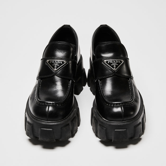 Prada Black Glossy Leather Platform Loafers Size 36
