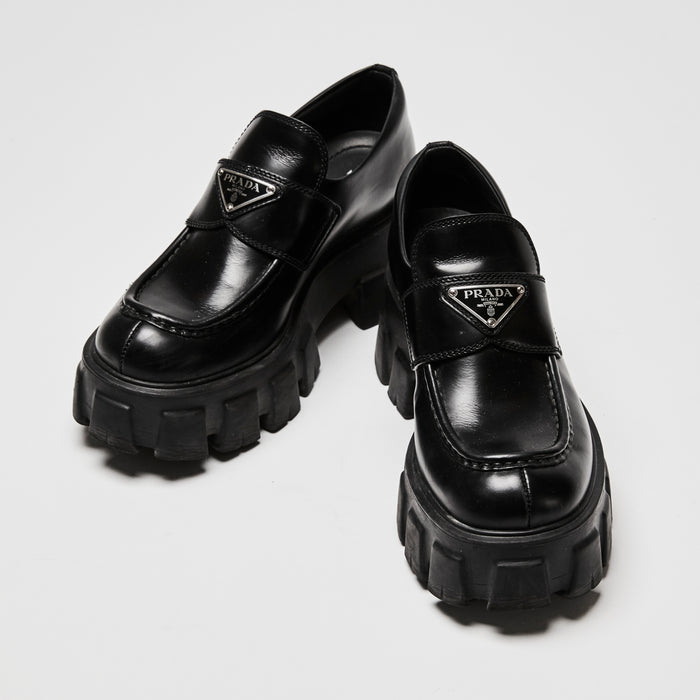 Prada Black Glossy Leather Platform Loafers Size 36