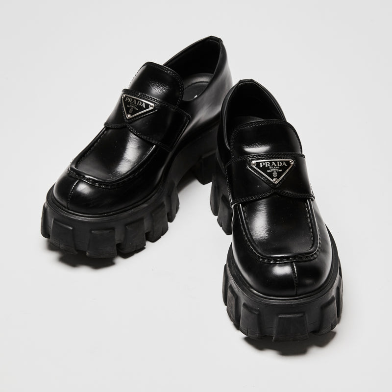 Prada Black Glossy Leather Platform Loafers Size 36