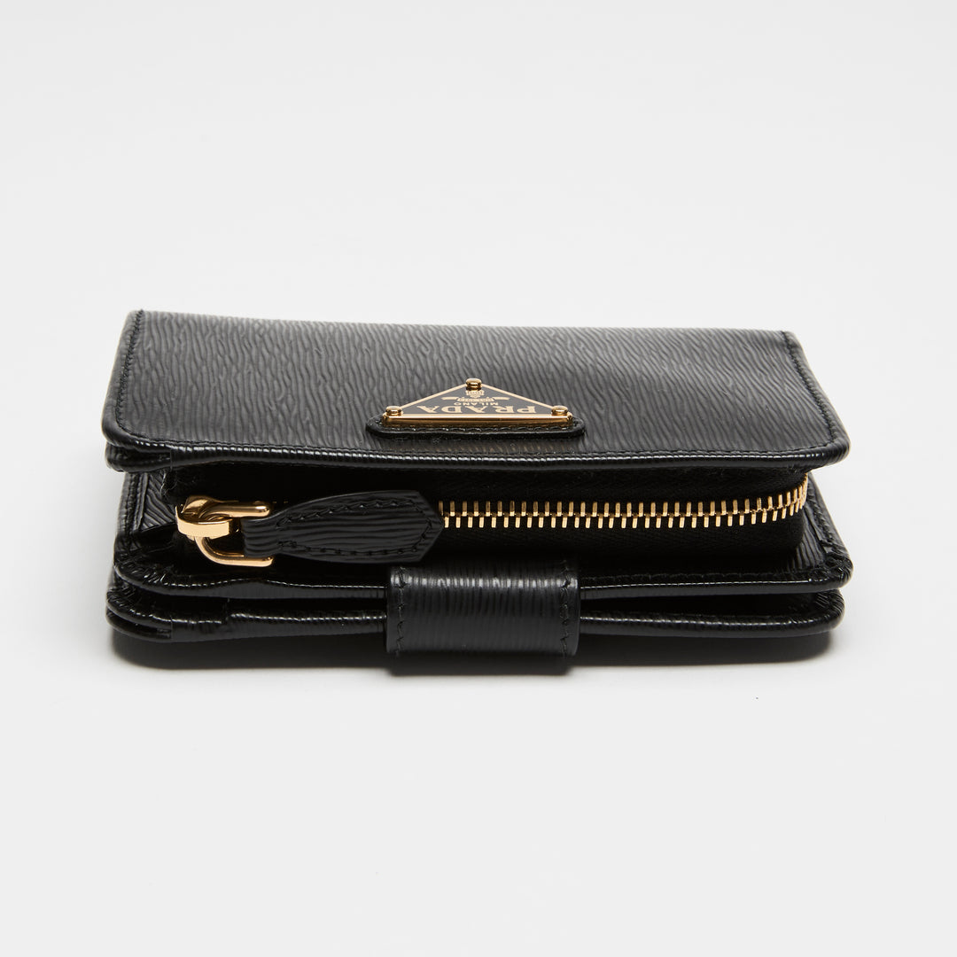 Prada Black Vitello Leather Bifold Compact Wallet