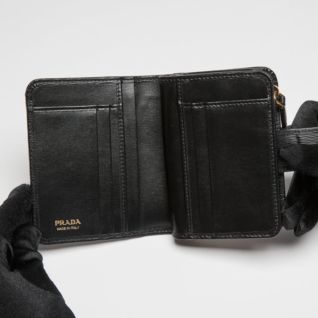Prada Black Vitello Leather Bifold Compact Wallet