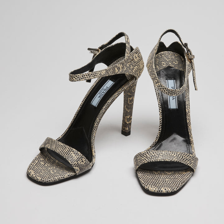 Prada Ivory & Black Python Leather Ankle Strap Sandals Size 38