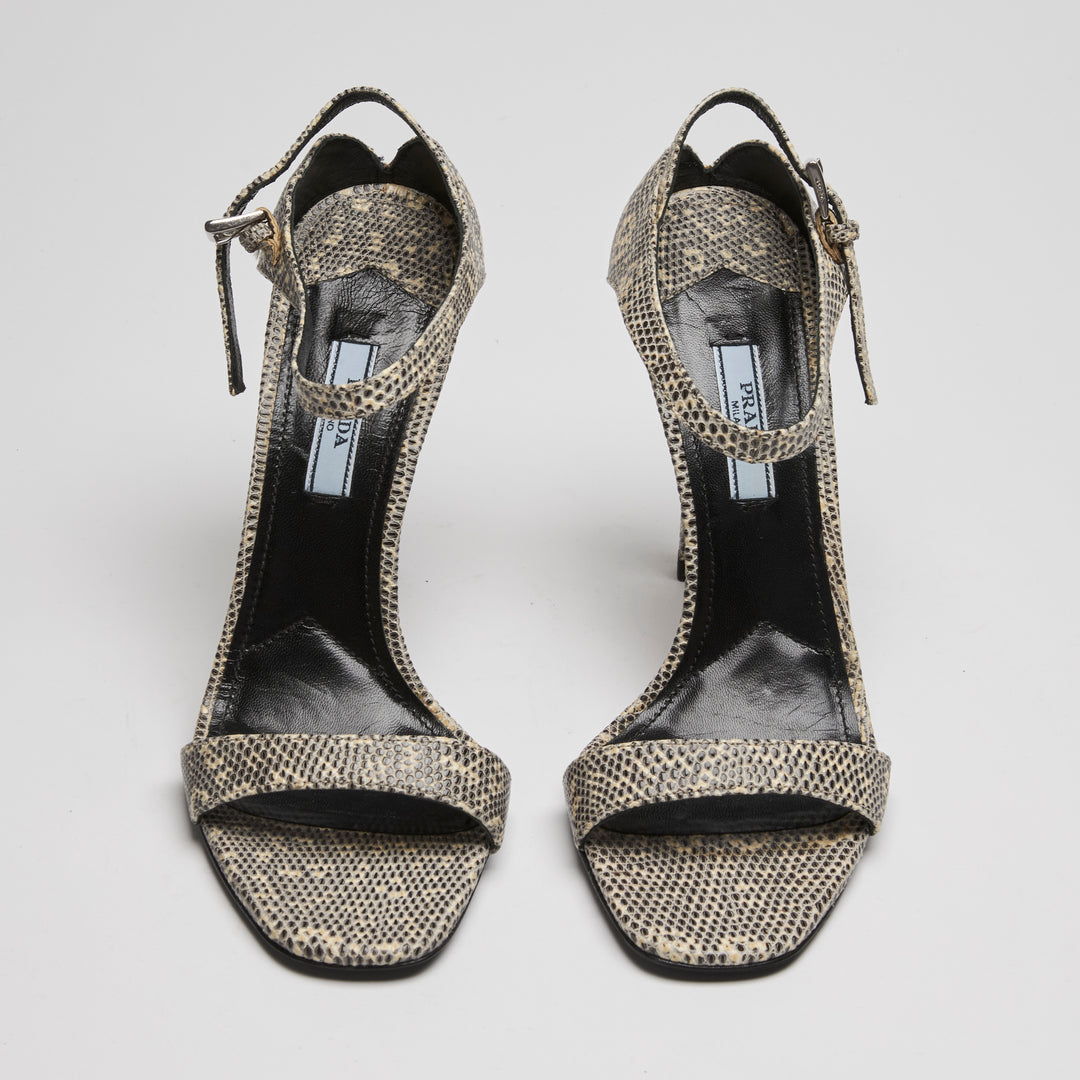 Prada Ivory & Black Python Leather Ankle Strap Sandals Size 38