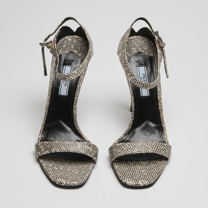 Prada Ivory & Black Python Leather Ankle Strap Sandals Size 38
