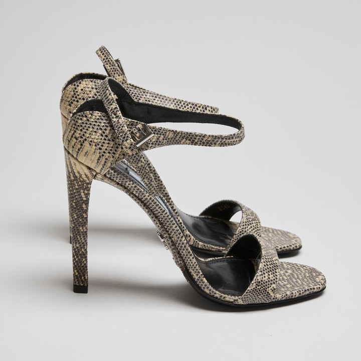 Prada Ivory & Black Python Leather Ankle Strap Sandals Size 38