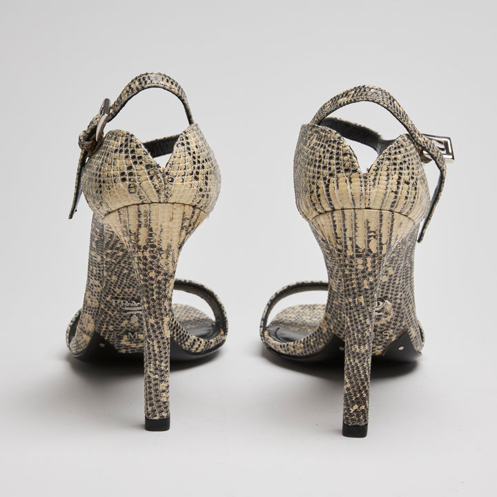 Prada Ivory & Black Python Leather Ankle Strap Sandals Size 38